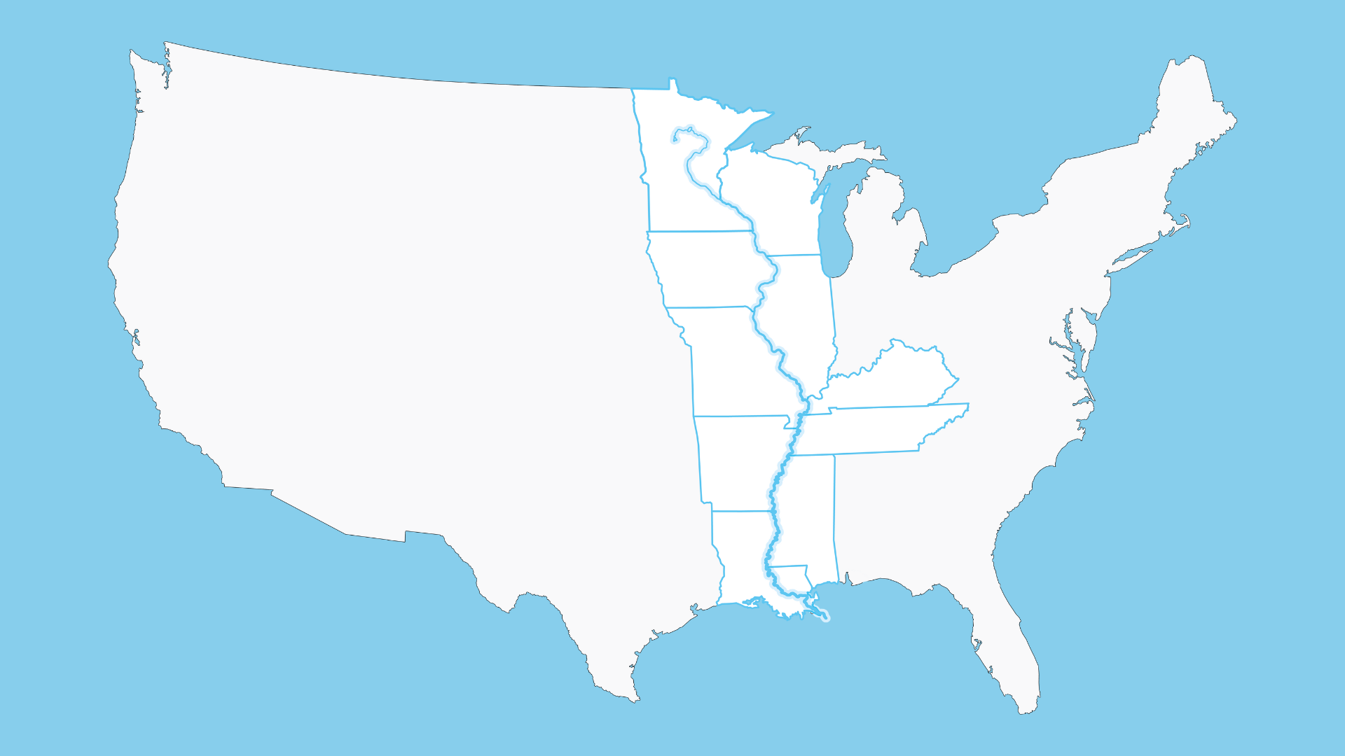 Outline of continental US with Mississippi River flowing through 10 states.